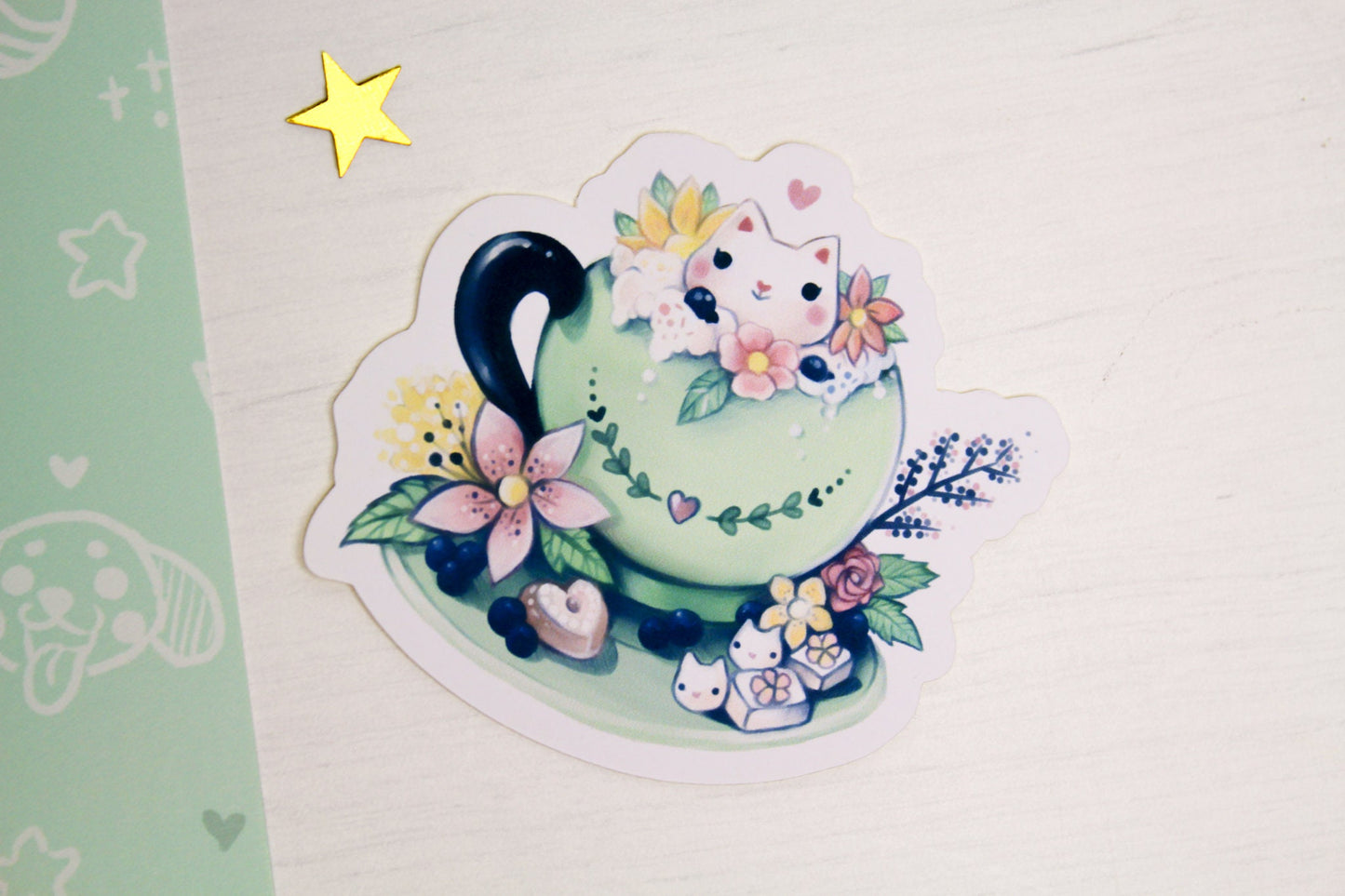 Spring Cafelini - Matcha Latte -  Cute, foamy cappuccino cats - PAPER or VINYL Sticker - Charenji
