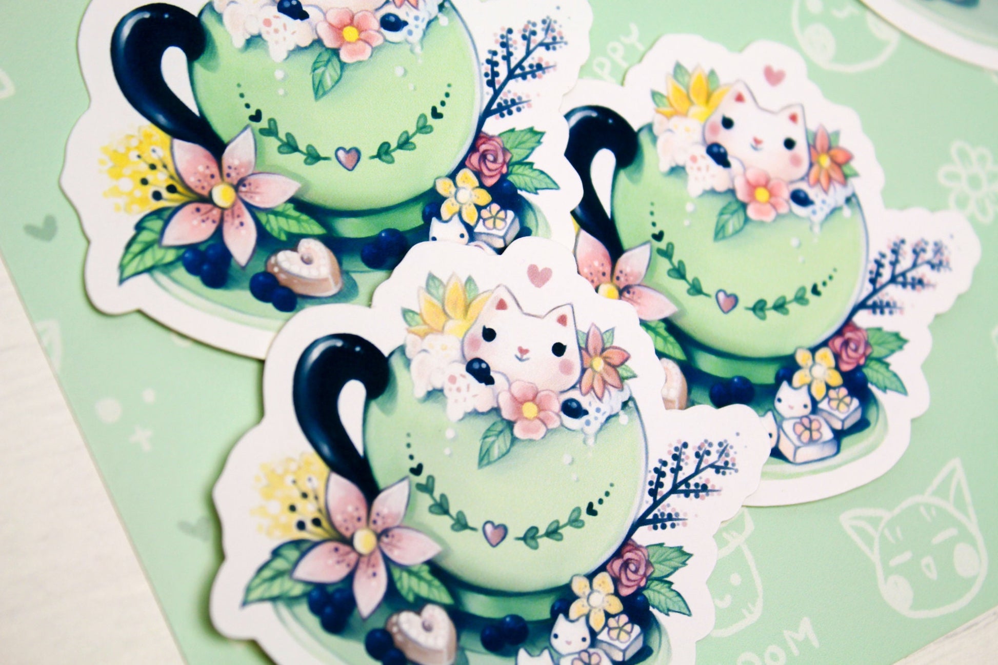 Spring Cafelini - Matcha Latte -  Cute, foamy cappuccino cats - PAPER or VINYL Sticker - Charenji
