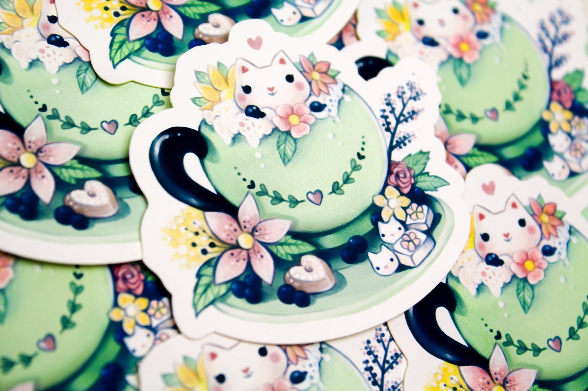 Spring Cafelini - Matcha Latte -  Cute, foamy cappuccino cats - PAPER or VINYL Sticker - Charenji