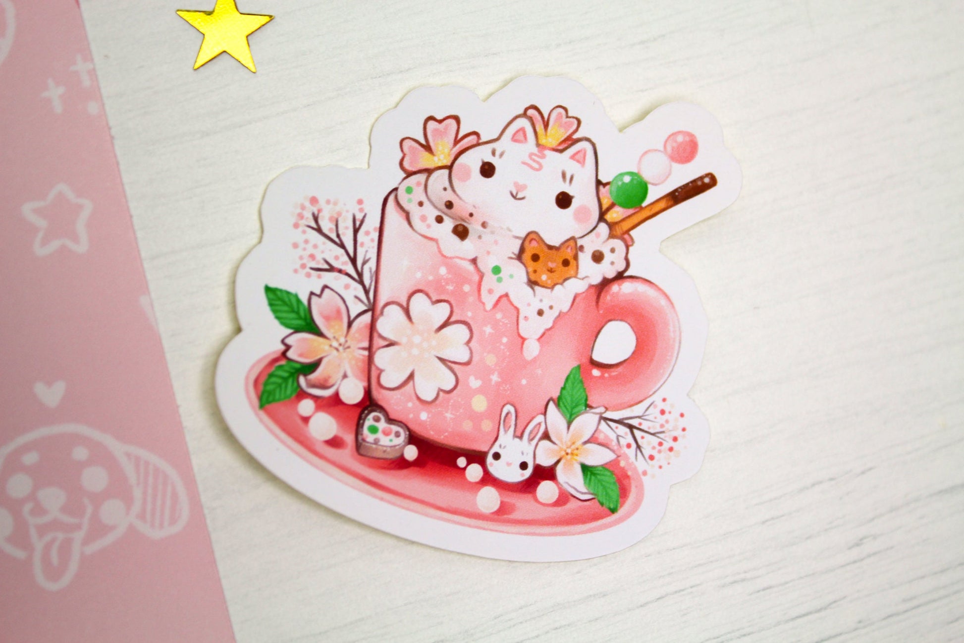Spring Cafelini - Sakura Latte -  Cute, foamy cappuccino cats - PAPER or VINYL Sticker - Charenji