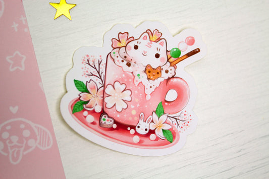 Spring Cafelini - Sakura Latte -  Cute, foamy cappuccino cats - PAPER or VINYL Sticker - Charenji