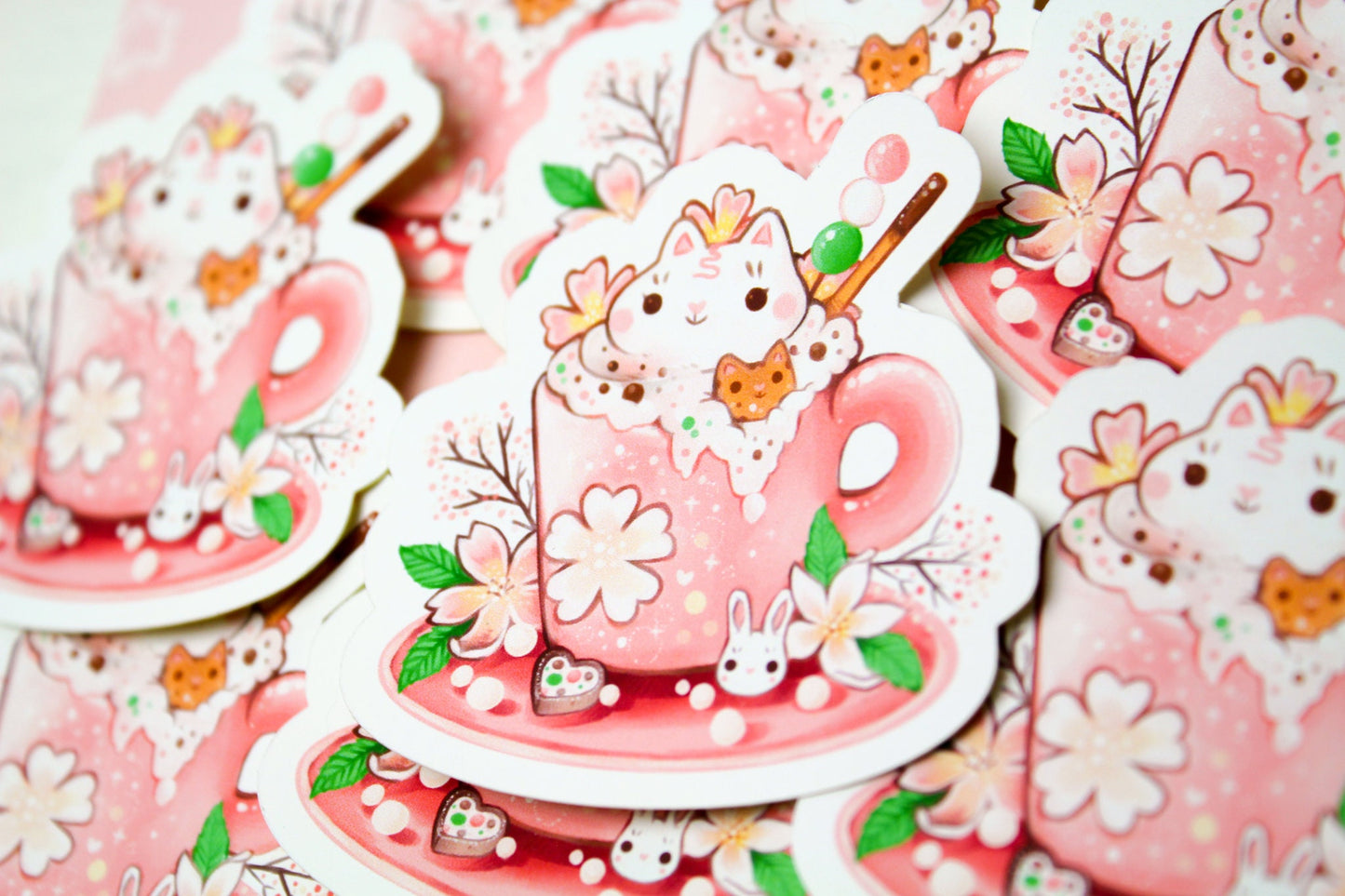 Spring Cafelini - Sakura Latte -  Cute, foamy cappuccino cats - PAPER or VINYL Sticker - Charenji