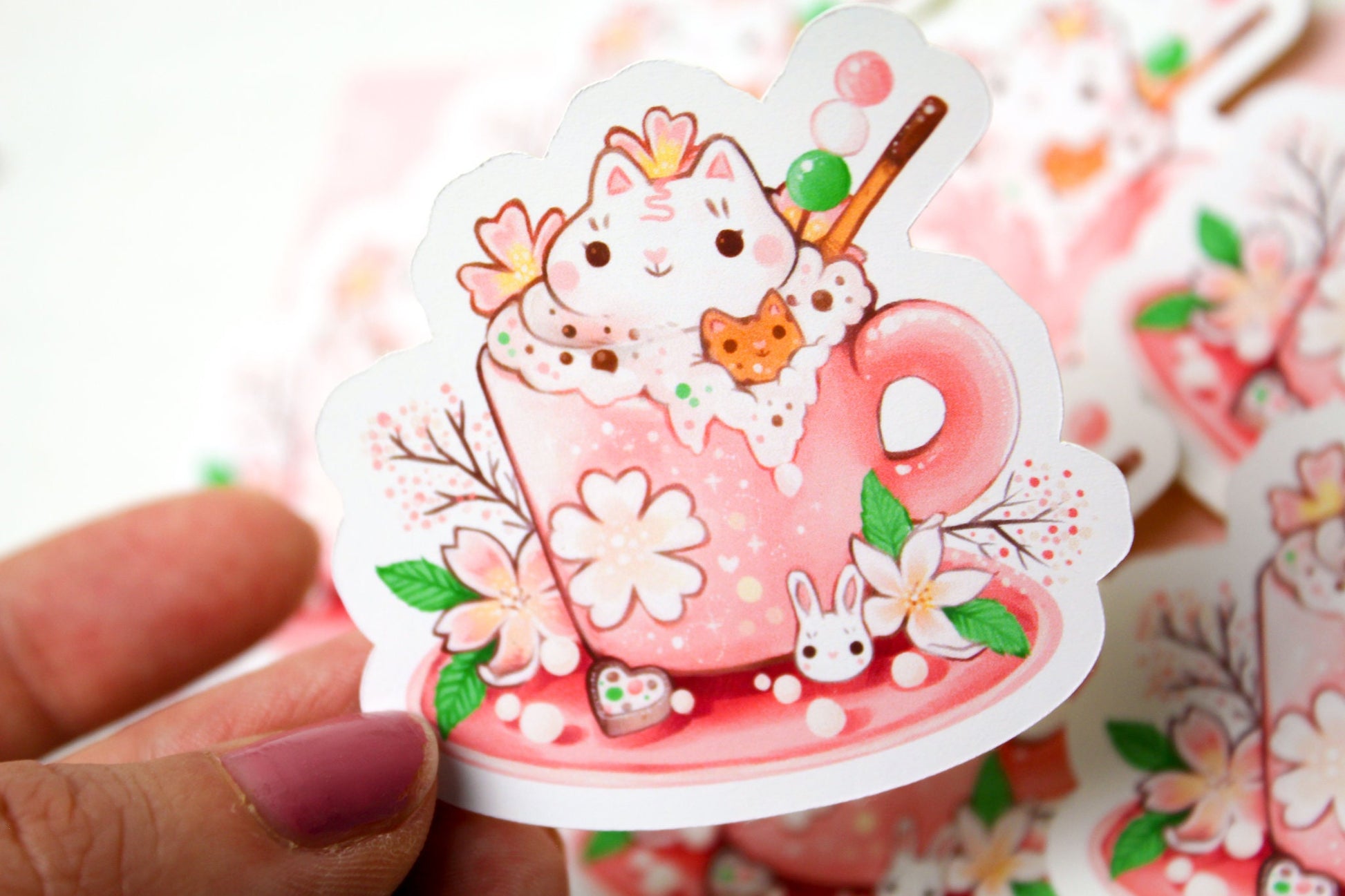 Spring Cafelini - Sakura Latte -  Cute, foamy cappuccino cats - PAPER or VINYL Sticker - Charenji