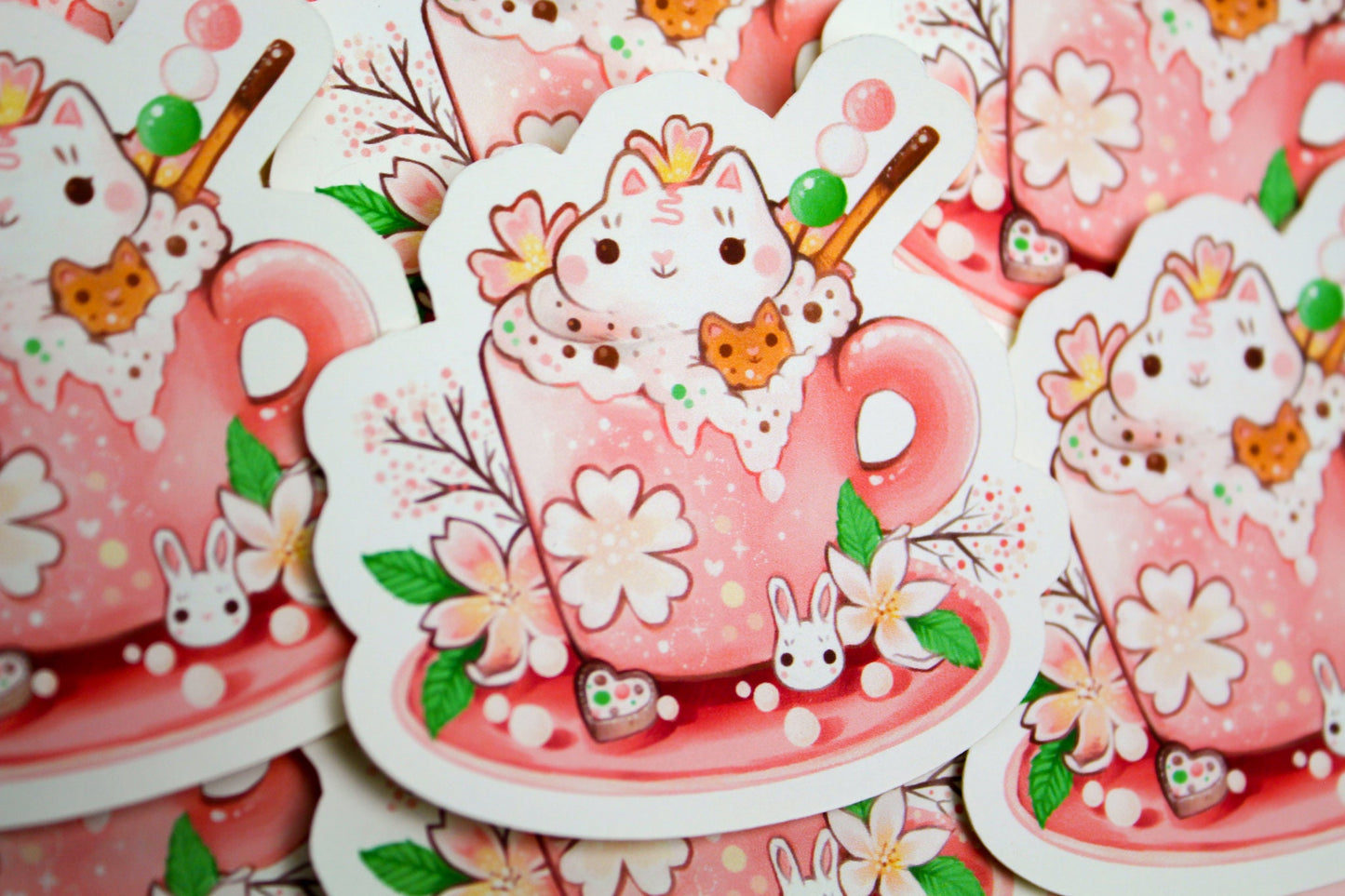 Spring Cafelini - Sakura Latte -  Cute, foamy cappuccino cats - PAPER or VINYL Sticker - Charenji