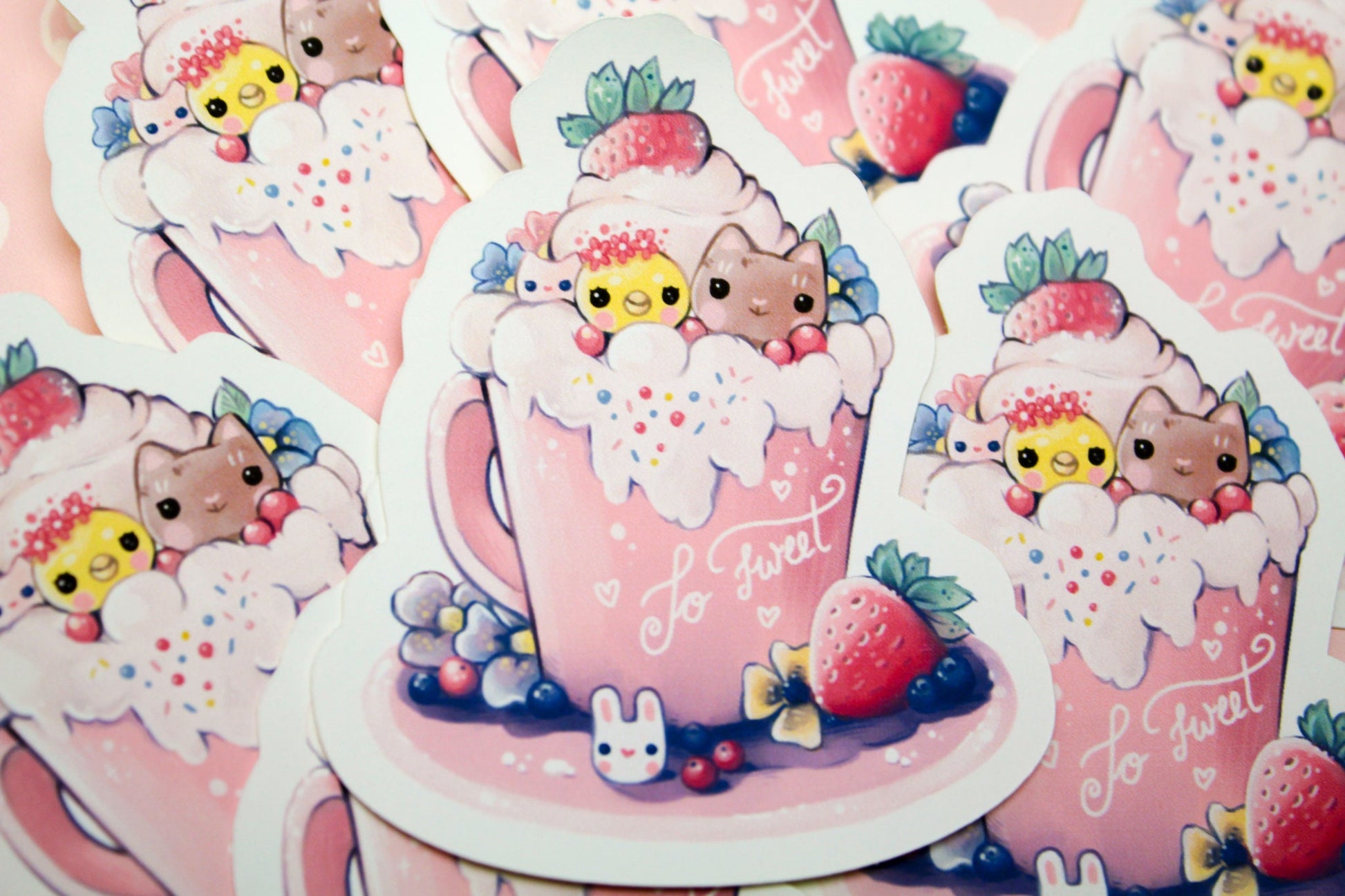 Spring Cafelini - Strawberry Latte -  Cute, foamy cappuccino cats - PAPER or VINYL Sticker - Charenji