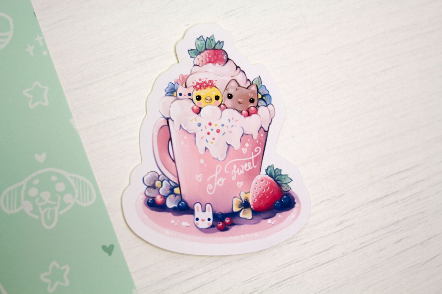 Spring Cafelini - Strawberry Latte -  Cute, foamy cappuccino cats - PAPER or VINYL Sticker - Charenji
