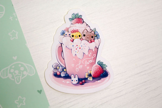 Spring Cafelini - Strawberry Latte -  Cute, foamy cappuccino cats - PAPER or VINYL Sticker - Charenji