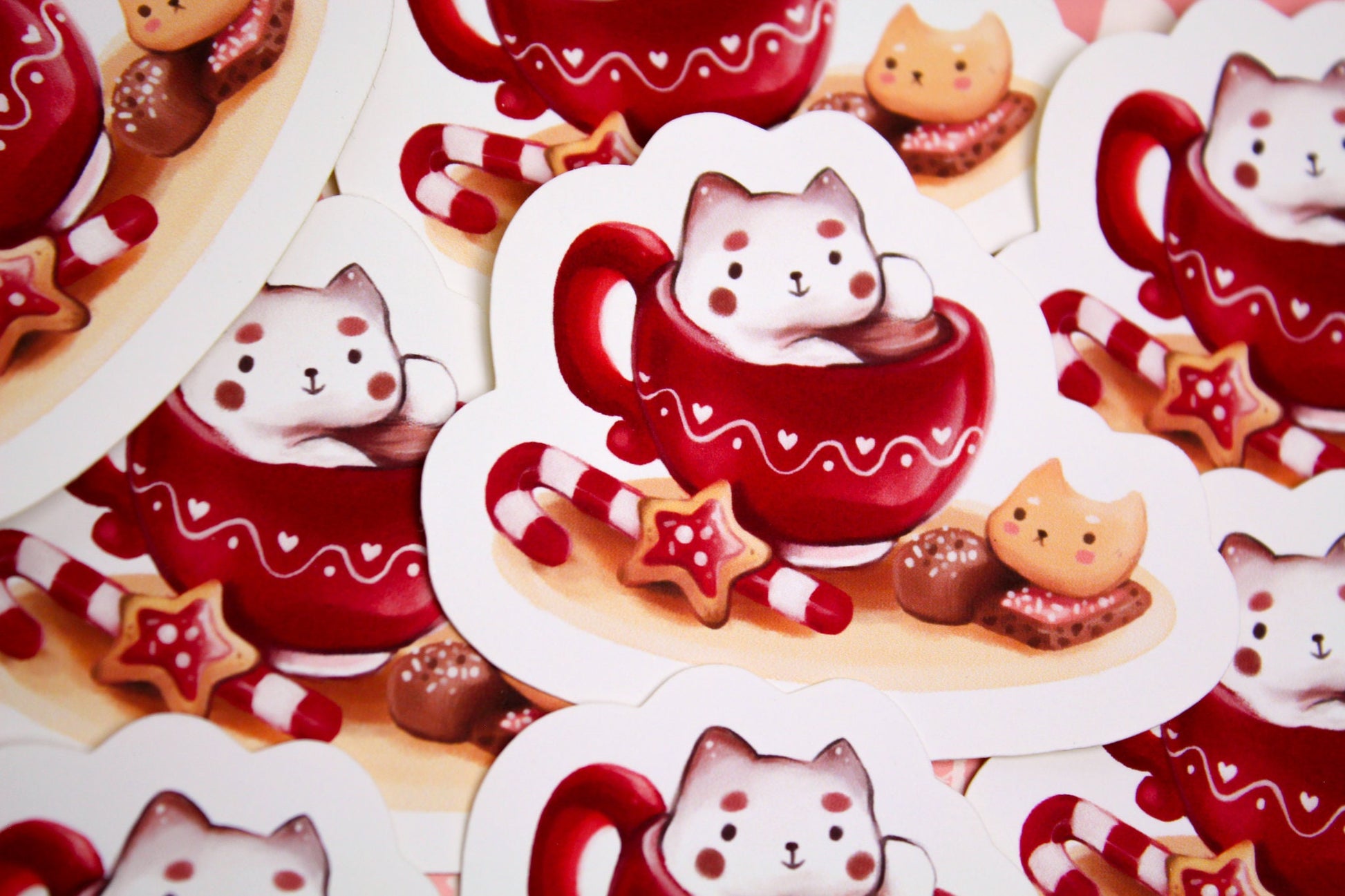 Christmas CAFELINI Stickers - Classics - Cute and foamy cappuccino cats - PAPER or VINYL Sticker - Charenji