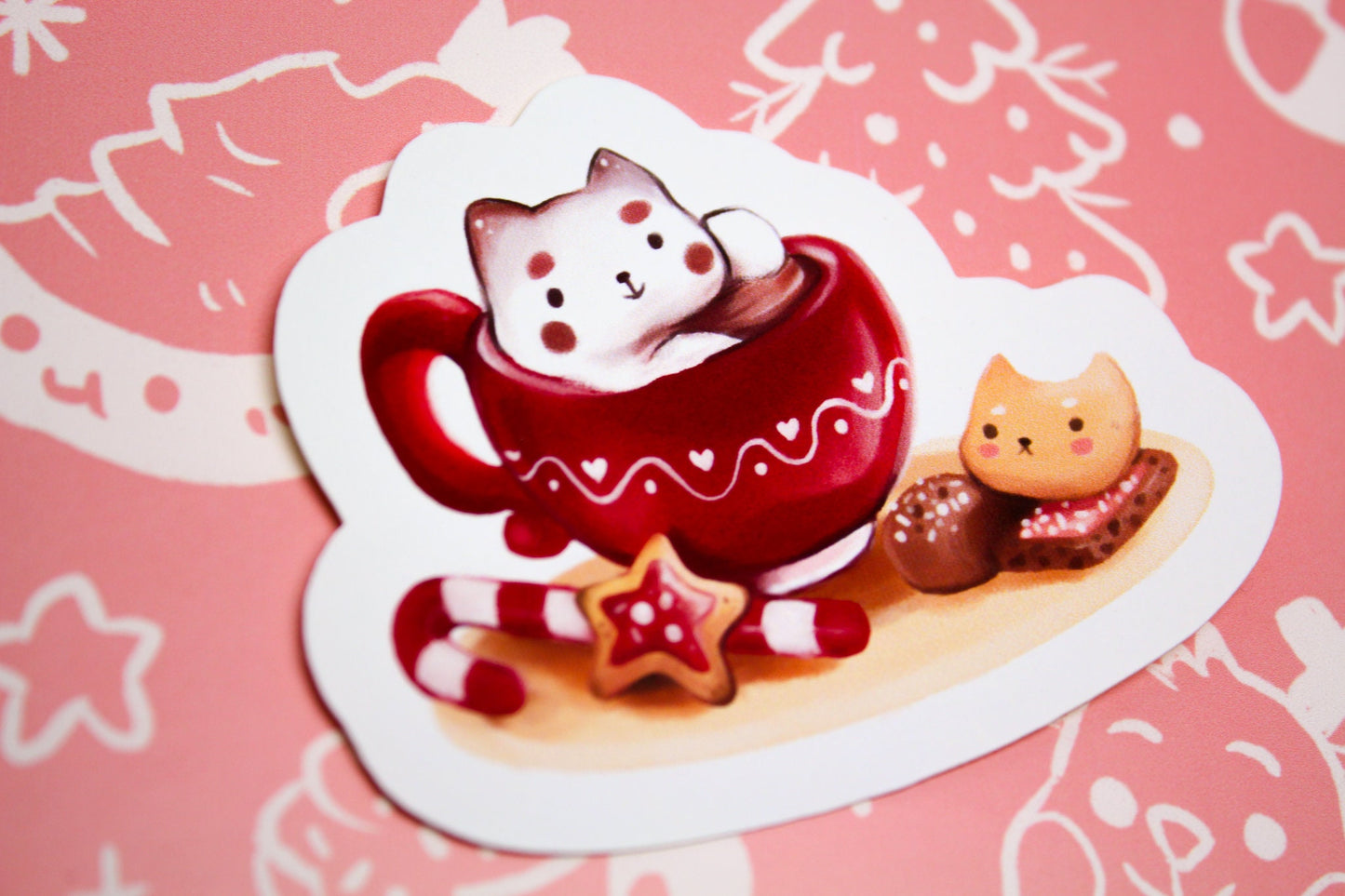 Christmas CAFELINI Stickers - Classics - Cute and foamy cappuccino cats - PAPER or VINYL Sticker - Charenji