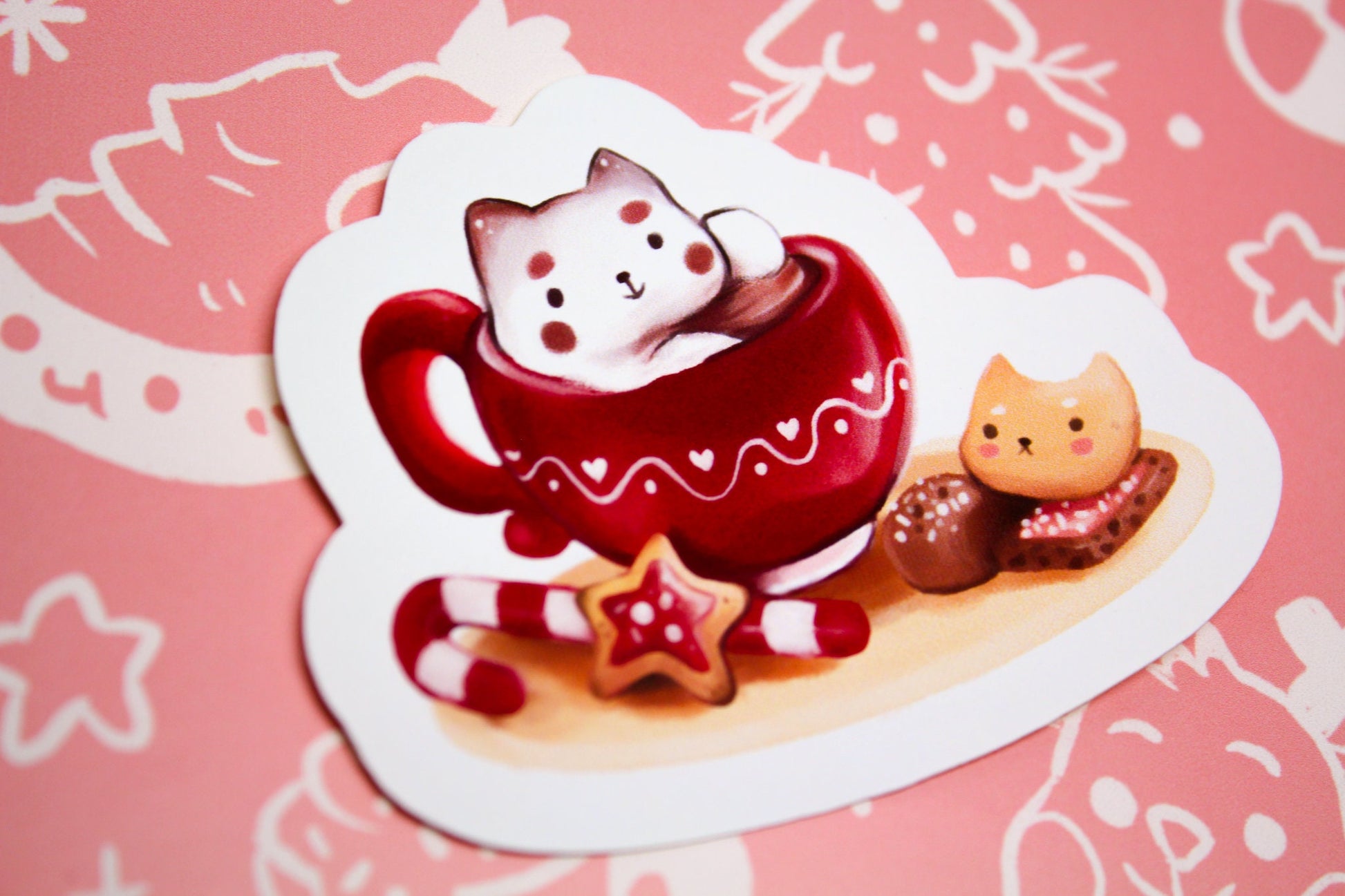 Christmas CAFELINI Stickers - Classics - Cute and foamy cappuccino cats - PAPER or VINYL Sticker - Charenji