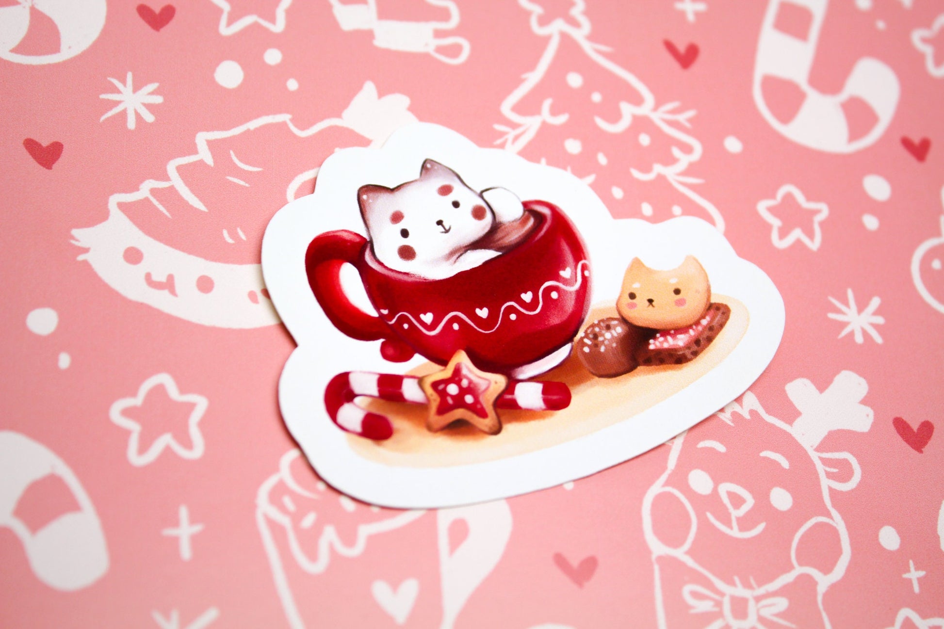 Christmas CAFELINI Stickers - Classics - Cute and foamy cappuccino cats - PAPER or VINYL Sticker - Charenji