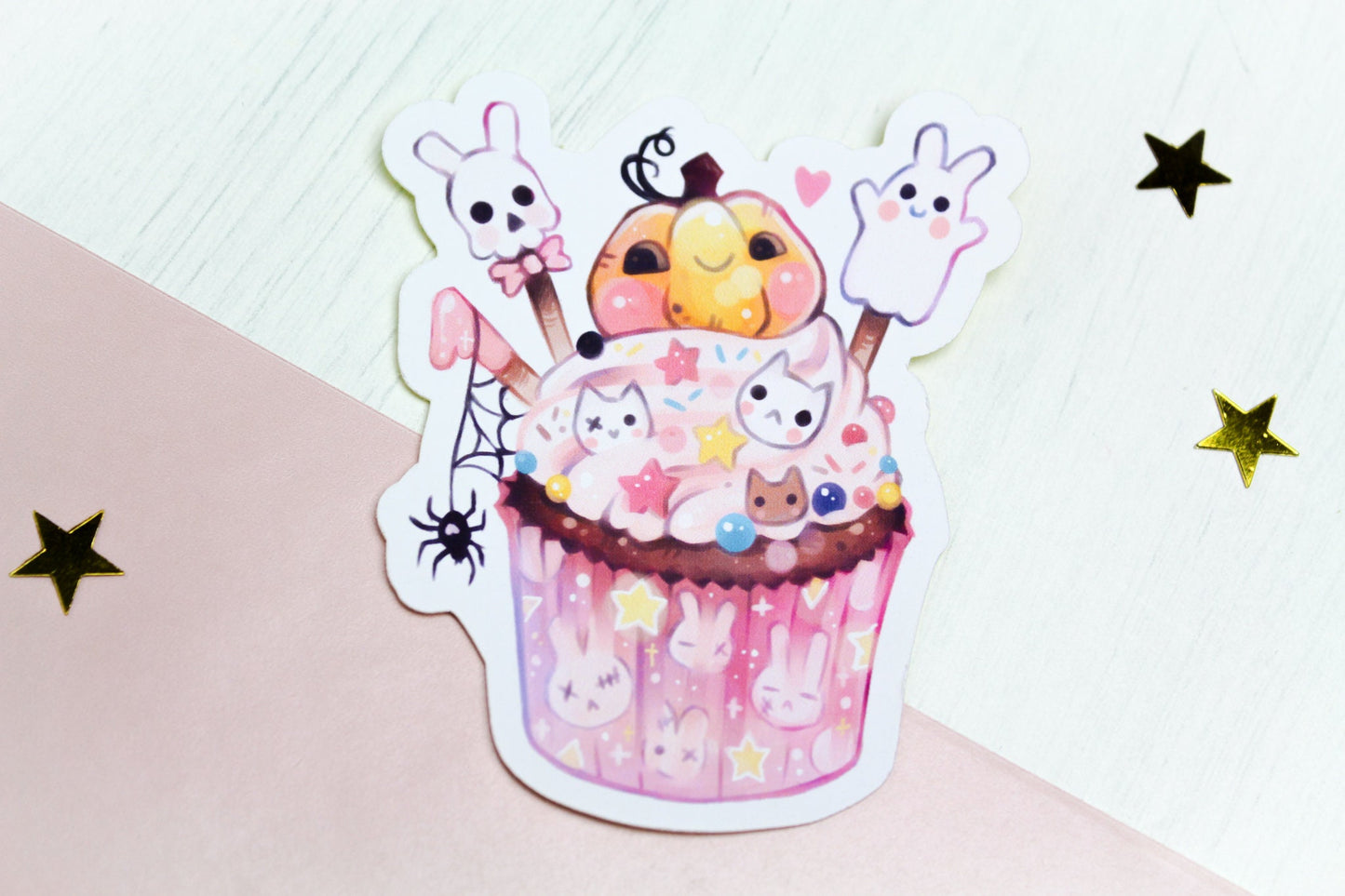 Adorable Halloween Cupcake - Paper or Vinyl STICKER - Charenji
