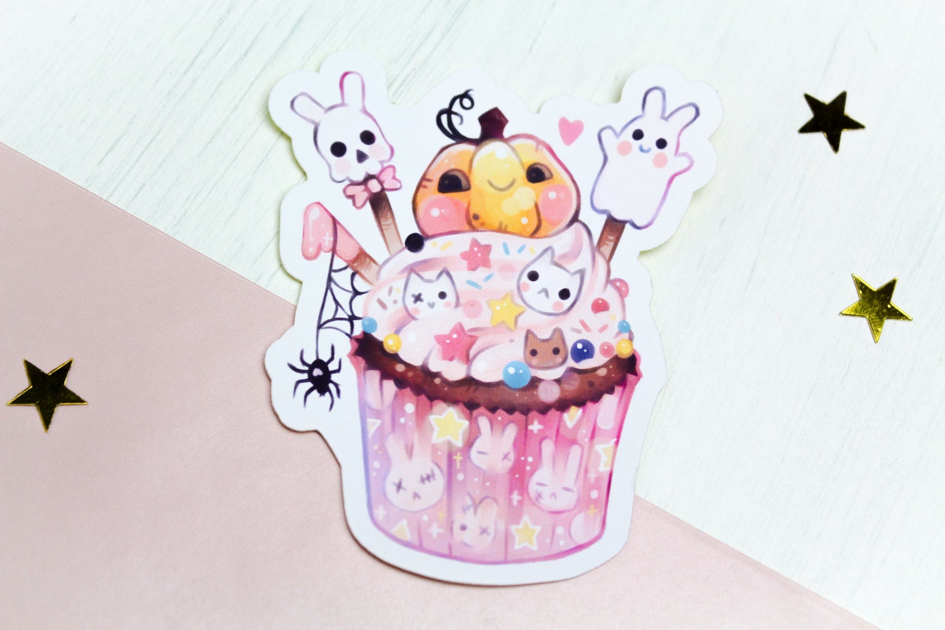 Adorable Halloween Cupcake - Paper or Vinyl STICKER - Charenji