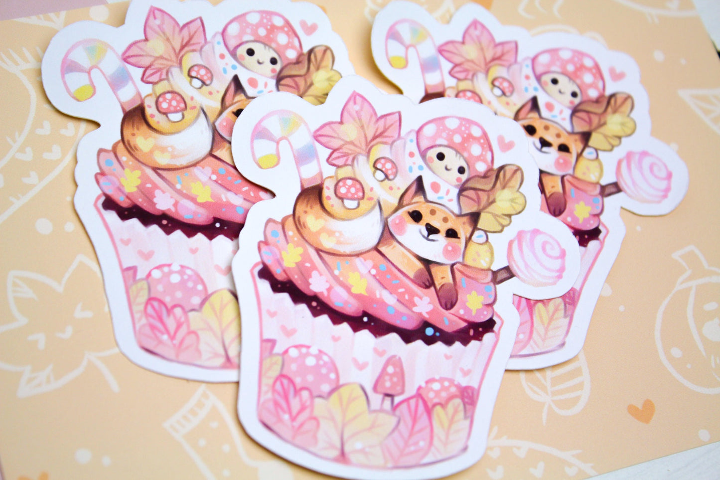 Autumn Cupcake with Baby Fox - Paper or Vinyl STICKER - Charenji