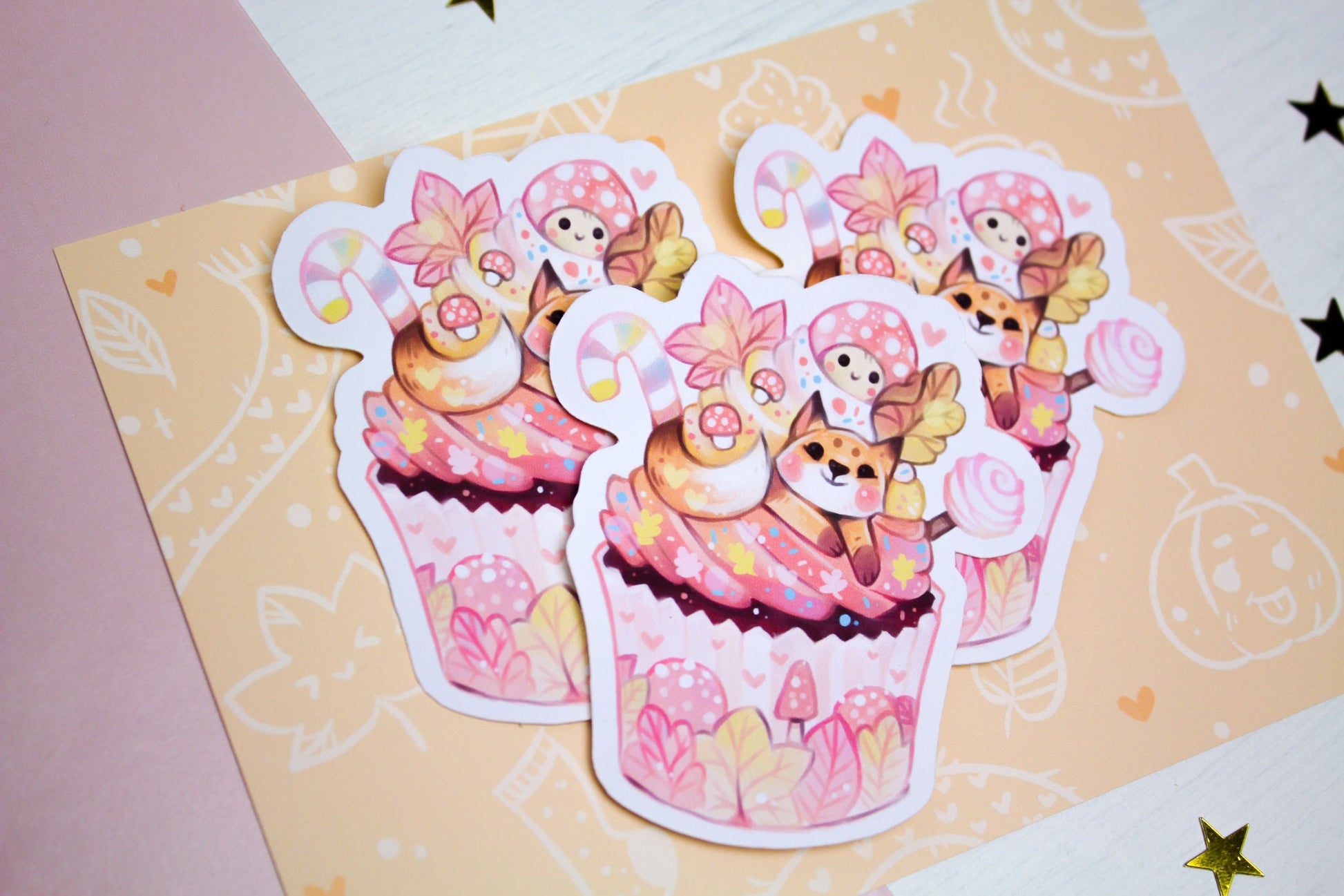 Autumn Cupcake with Baby Fox - Paper or Vinyl STICKER - Charenji