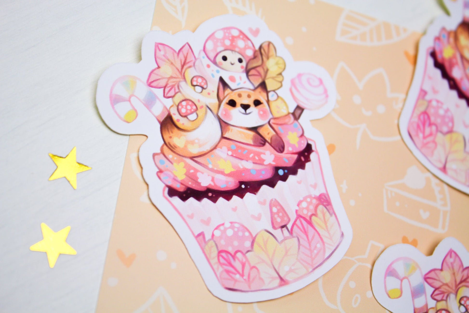 Autumn Cupcake with Baby Fox - Paper or Vinyl STICKER - Charenji