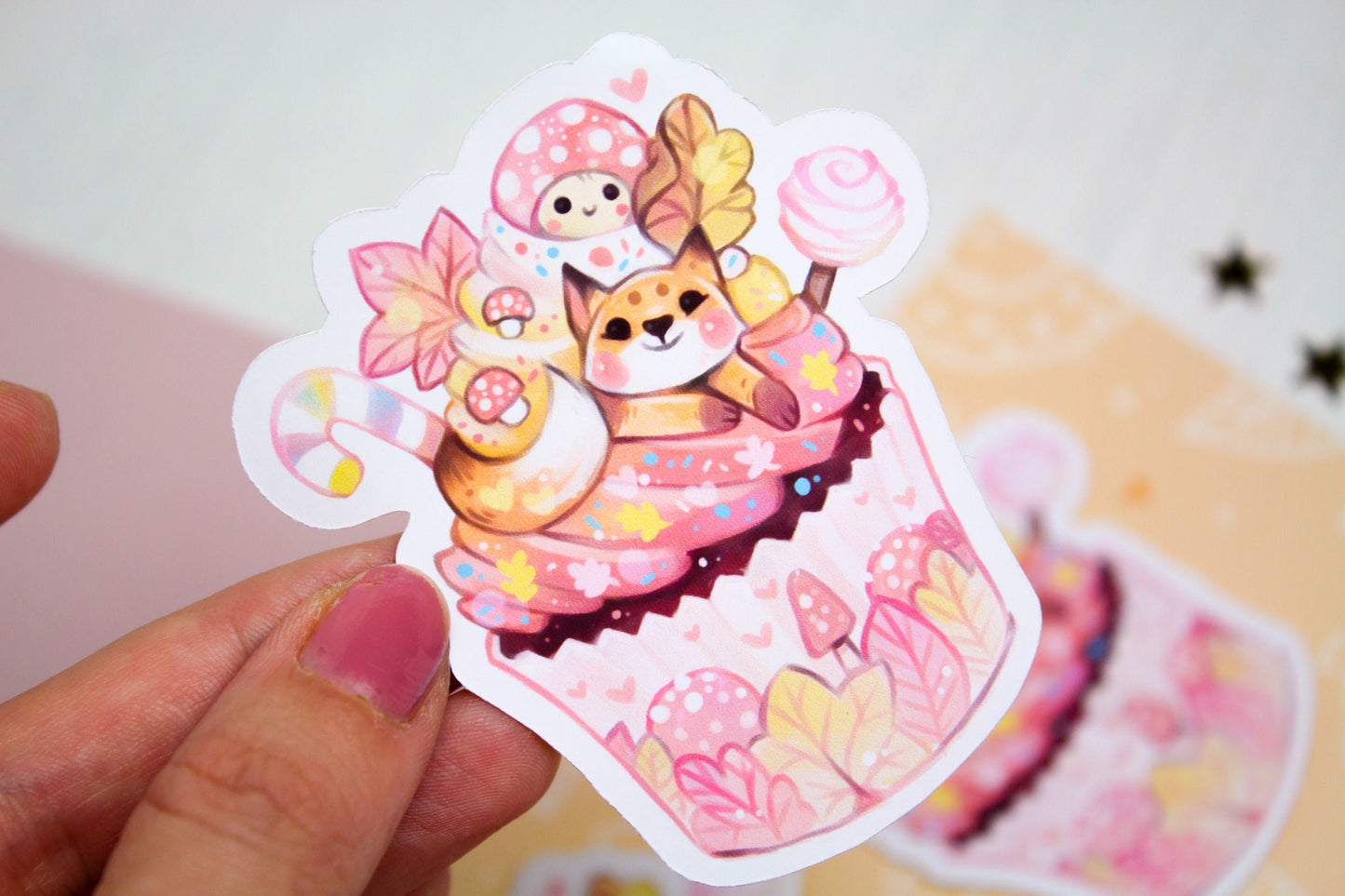 Autumn Cupcake with Baby Fox - Paper or Vinyl STICKER - Charenji