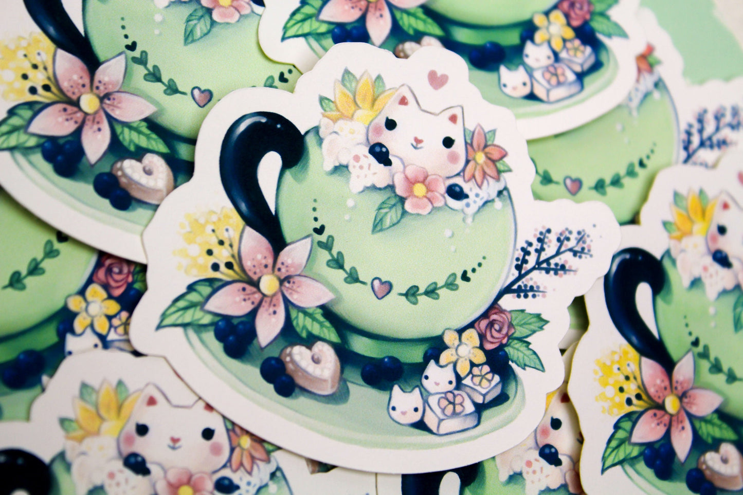 Spring Cafelini - Matcha Latte -  Cute, foamy cappuccino cats - PAPER or VINYL Sticker - Charenji