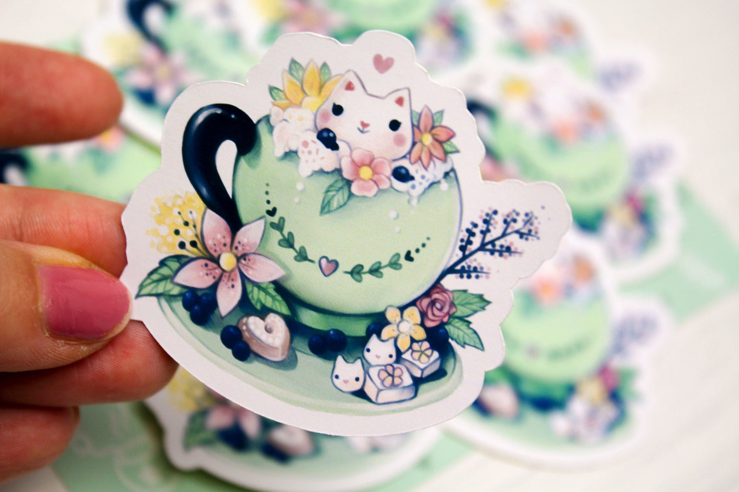 Spring Cafelini - Matcha Latte -  Cute, foamy cappuccino cats - PAPER or VINYL Sticker - Charenji
