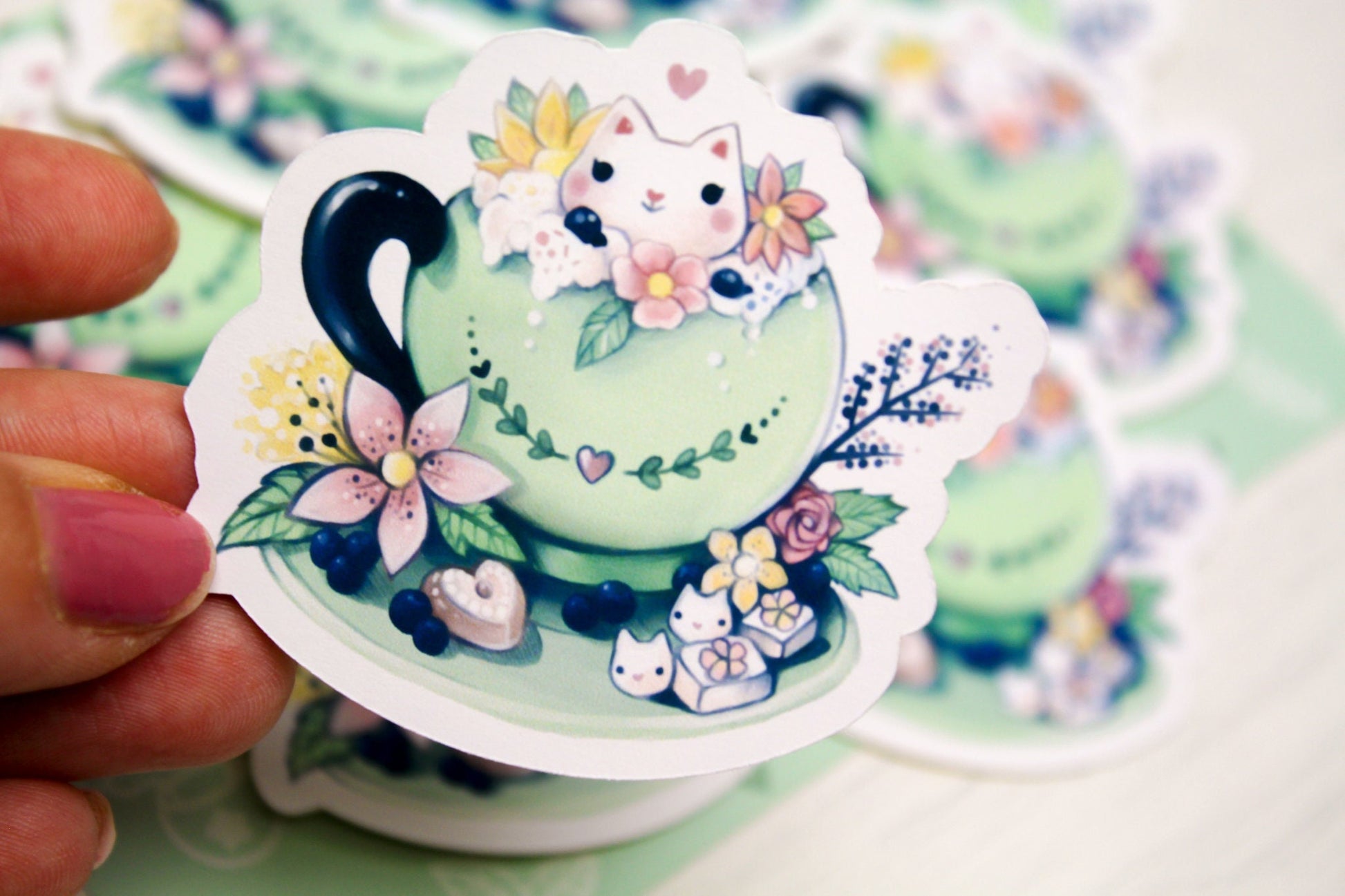 Spring Cafelini - Matcha Latte -  Cute, foamy cappuccino cats - PAPER or VINYL Sticker - Charenji