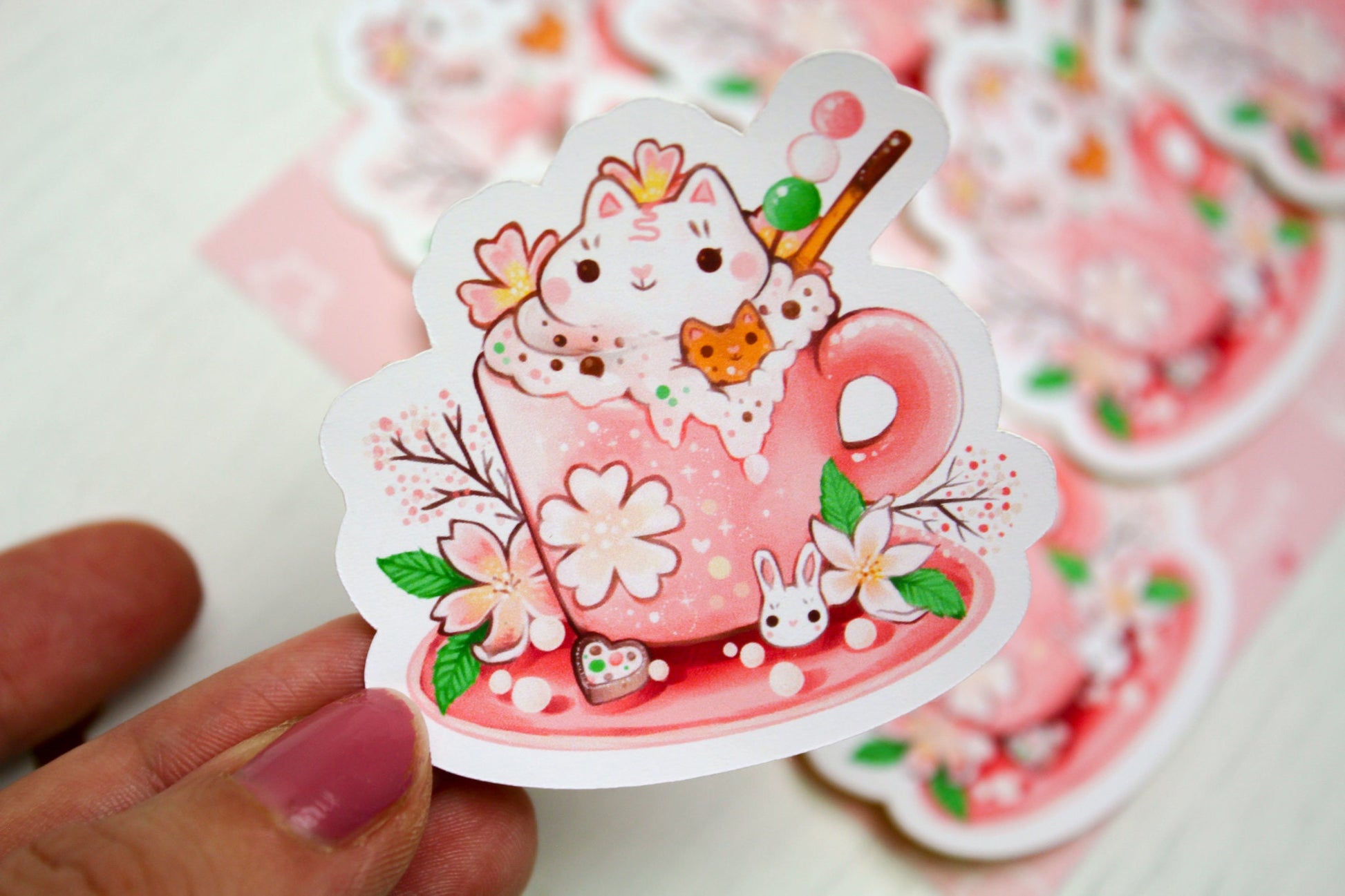 Spring Cafelini - Sakura Latte -  Cute, foamy cappuccino cats - PAPER or VINYL Sticker - Charenji