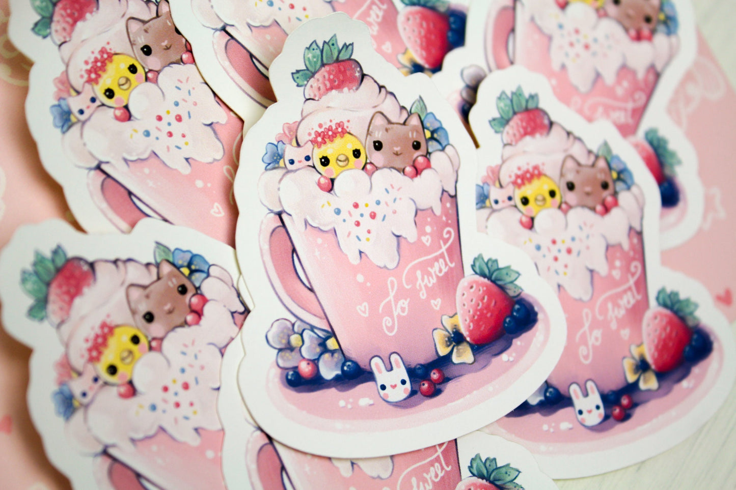 Spring Cafelini - Strawberry Latte -  Cute, foamy cappuccino cats - PAPER or VINYL Sticker - Charenji