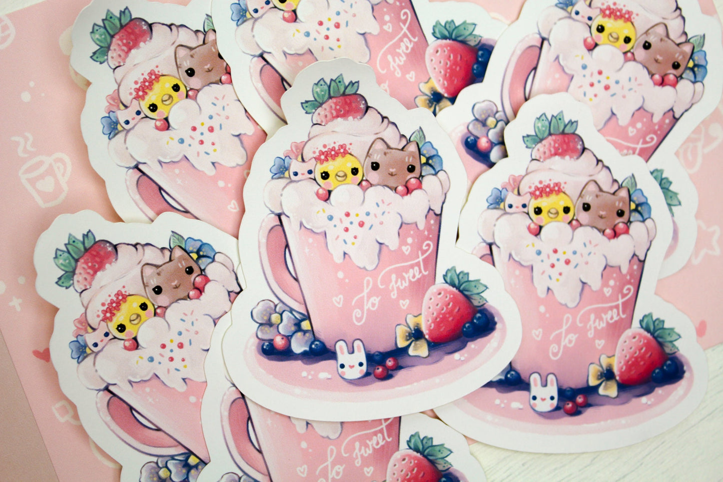Spring Cafelini - Strawberry Latte -  Cute, foamy cappuccino cats - PAPER or VINYL Sticker - Charenji