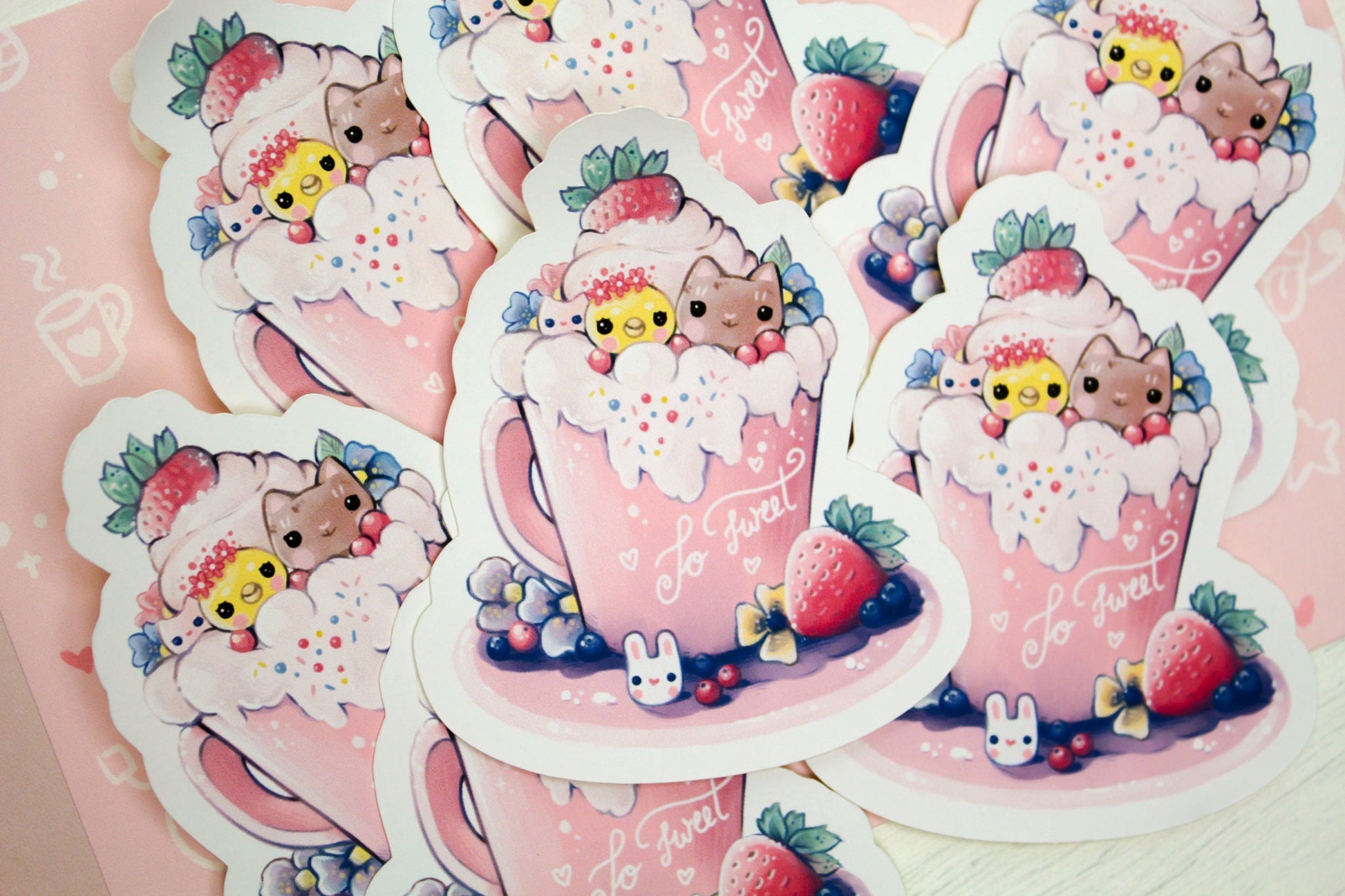 Spring Cafelini - Strawberry Latte -  Cute, foamy cappuccino cats - PAPER or VINYL Sticker - Charenji