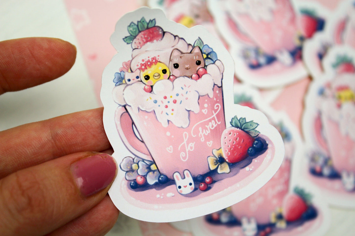 Spring Cafelini - Strawberry Latte -  Cute, foamy cappuccino cats - PAPER or VINYL Sticker - Charenji